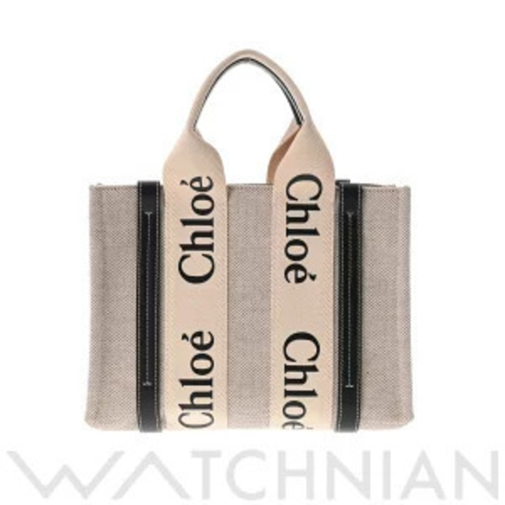 Chloe WOODY Tote Bag White Black Canvas Calfskin